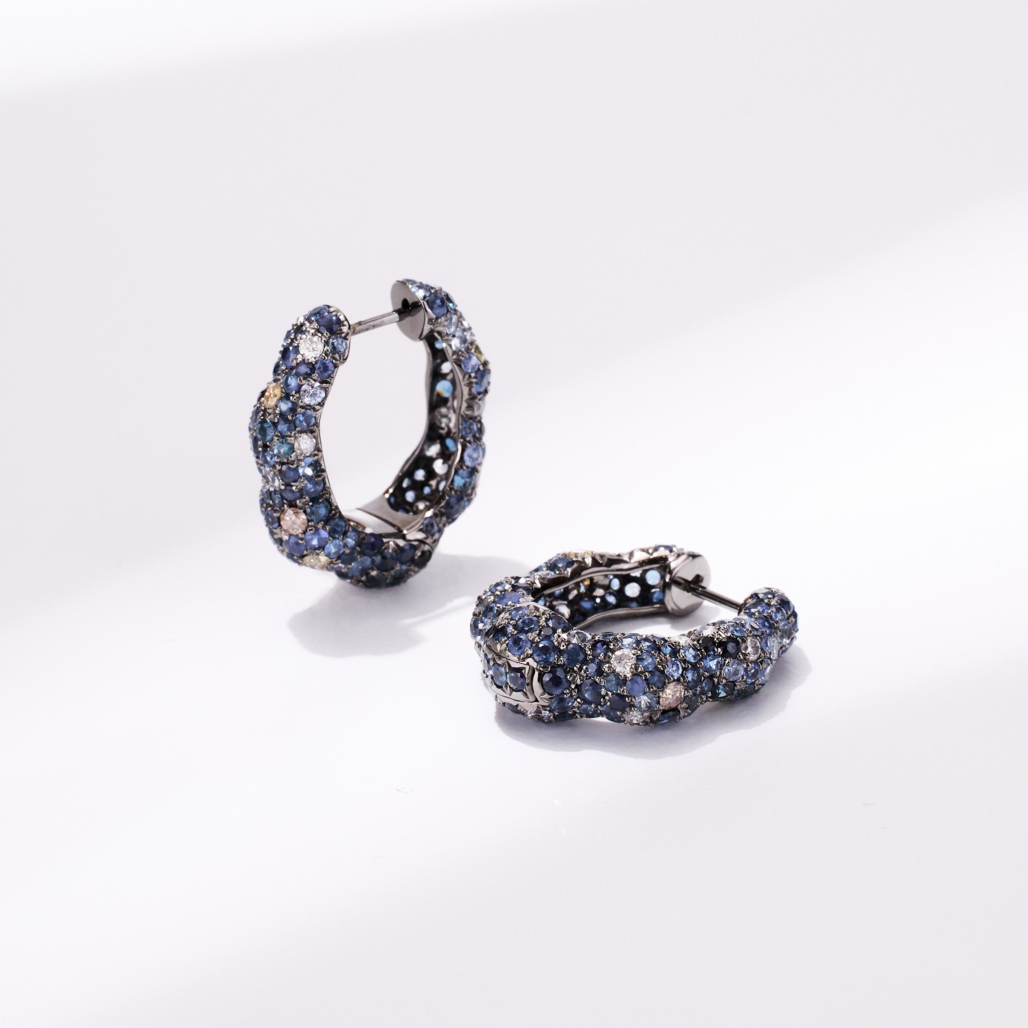 18K Gold Blue Sapphire &amp; Diamond Hoop Earrings - Jewelry And Store