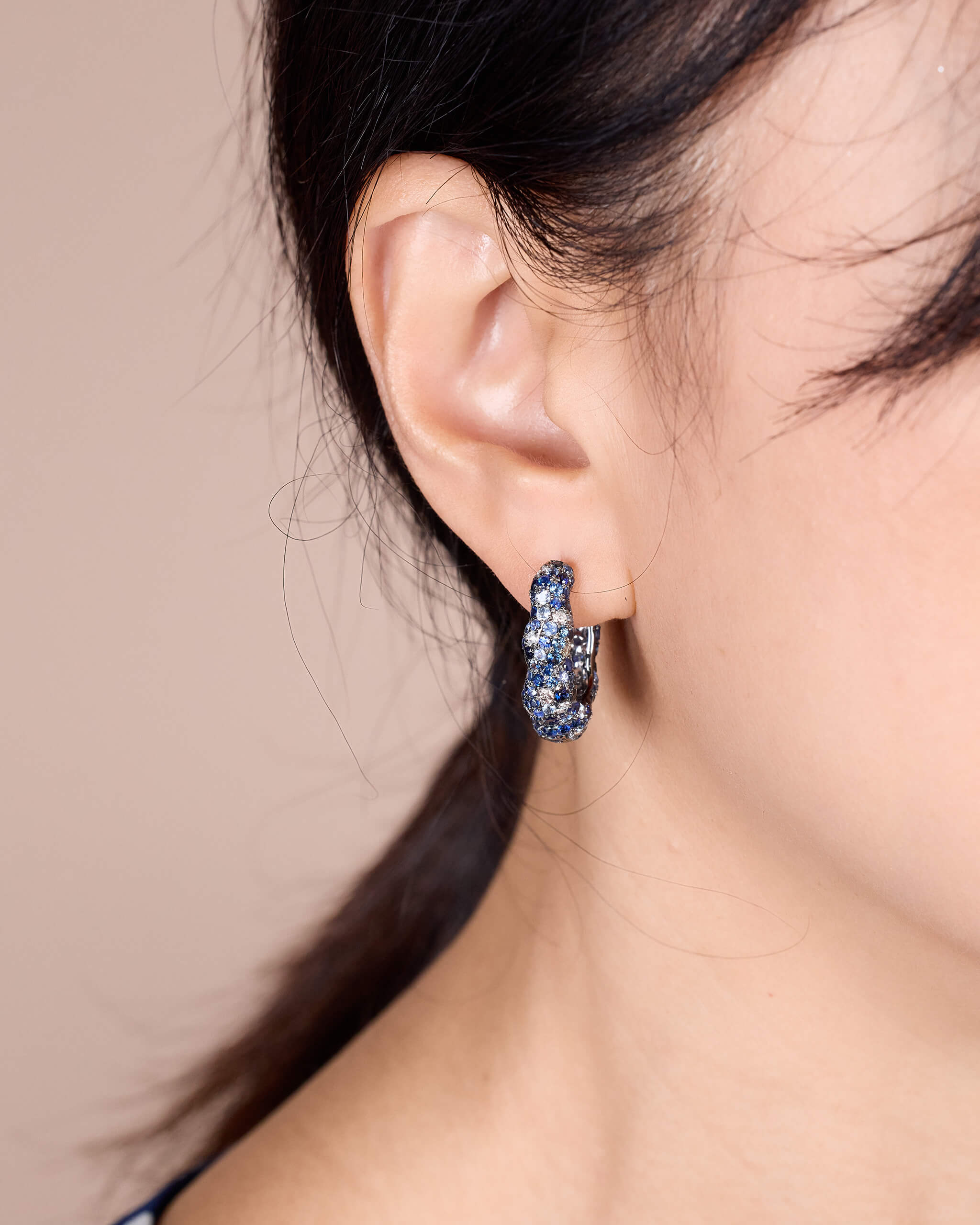 18K Gold Blue Sapphire &amp; Diamond Hoop Earrings - Jewelry And Store