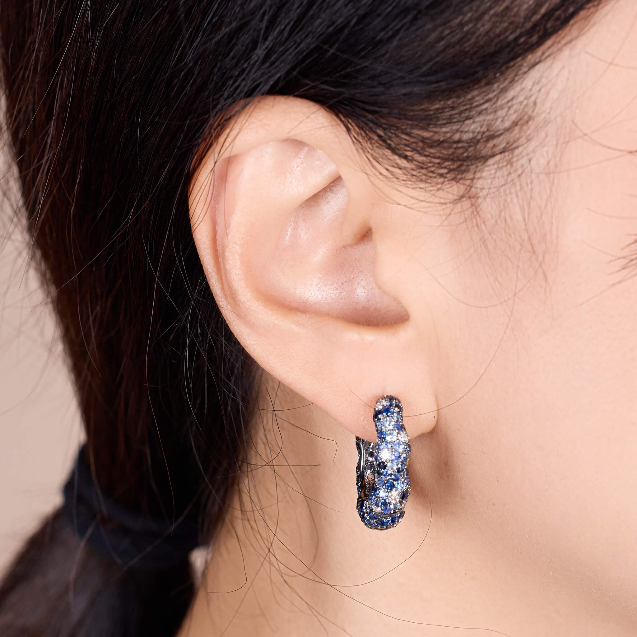 18K Gold Blue Sapphire &amp; Diamond Hoop Earrings - Jewelry And Store