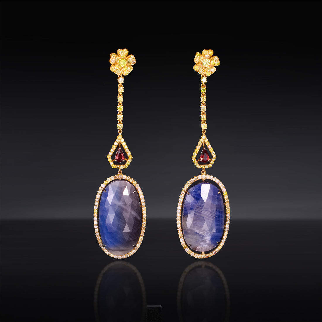 18K Gold Slice Blue Sapphire Drop Earrings with Garnet & Color diamonds - Jewelry And Store