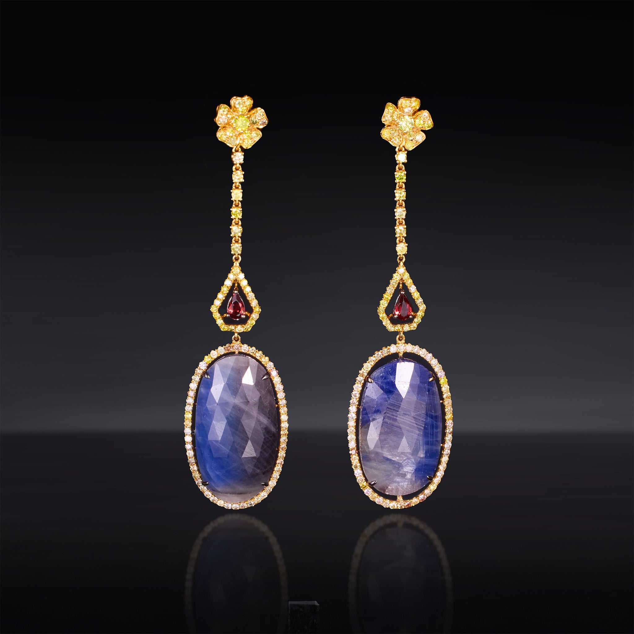 18K Gold Slice Blue Sapphire Drop Earrings with Garnet &amp; Color diamonds - Jewelry And Store