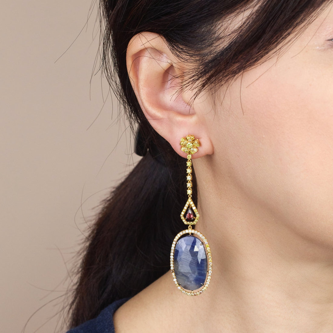 18K Gold Slice Blue Sapphire Drop Earrings with Garnet & Color diamonds - Jewelry And Store