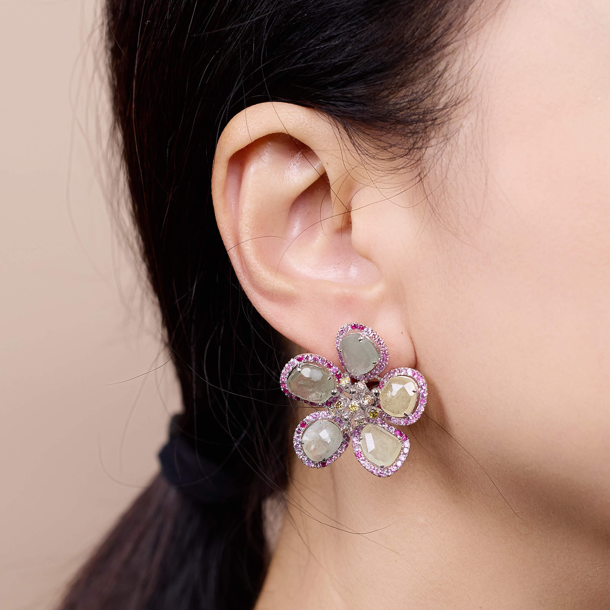 18K Gold Raw Sapphire and Diamond Flower Earrings