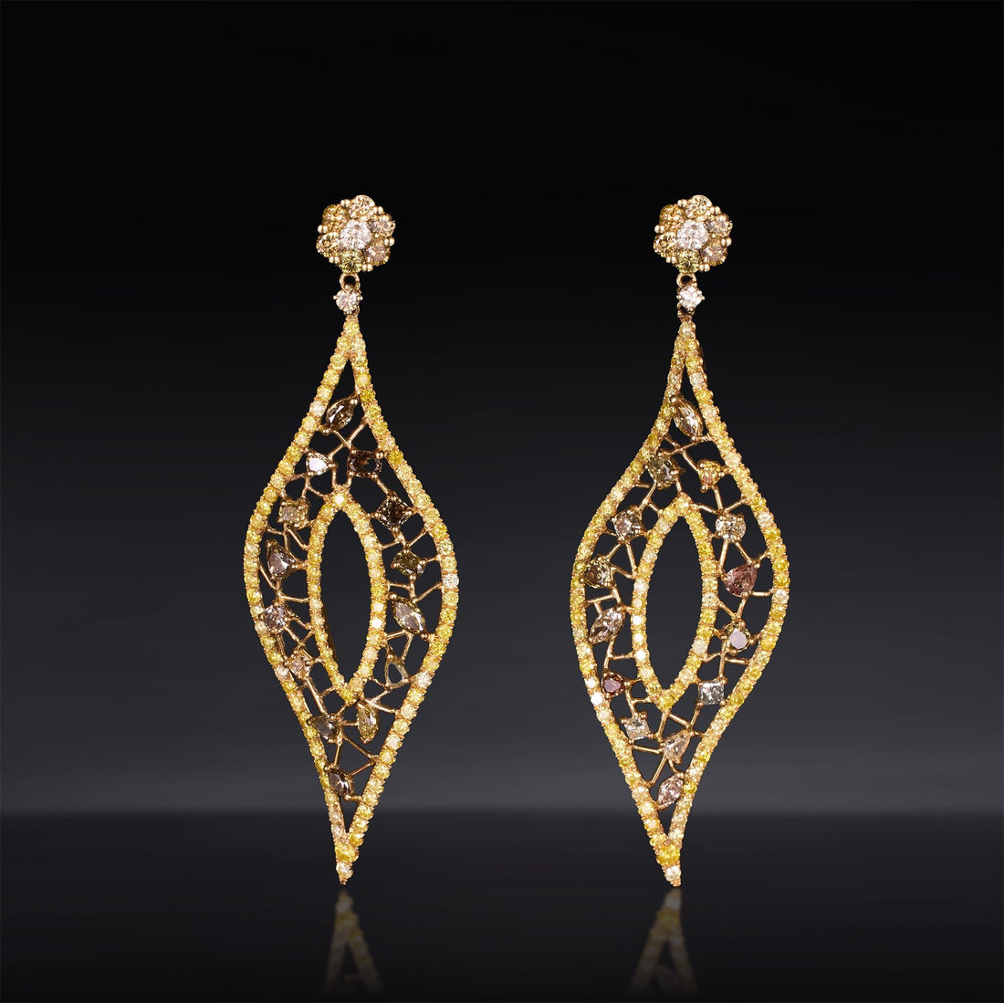 18K Yellow Gold Leaf - shaped Earrings with Fancy & White Diamonds - Jewelry And Store