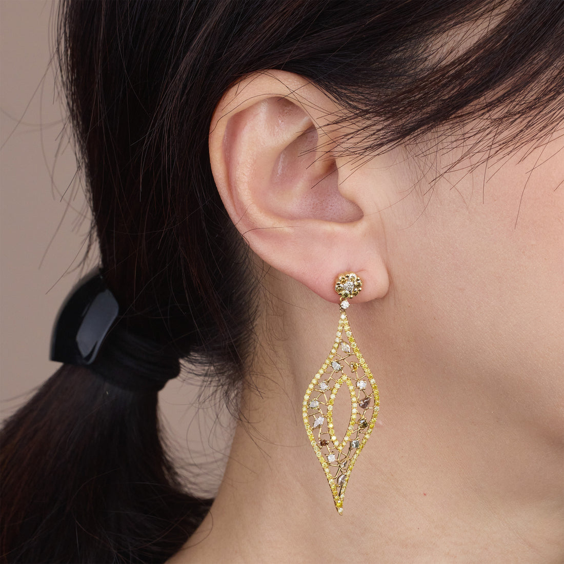 18K Yellow Gold Leaf - shaped Earrings with Fancy & White Diamonds - Jewelry And Store