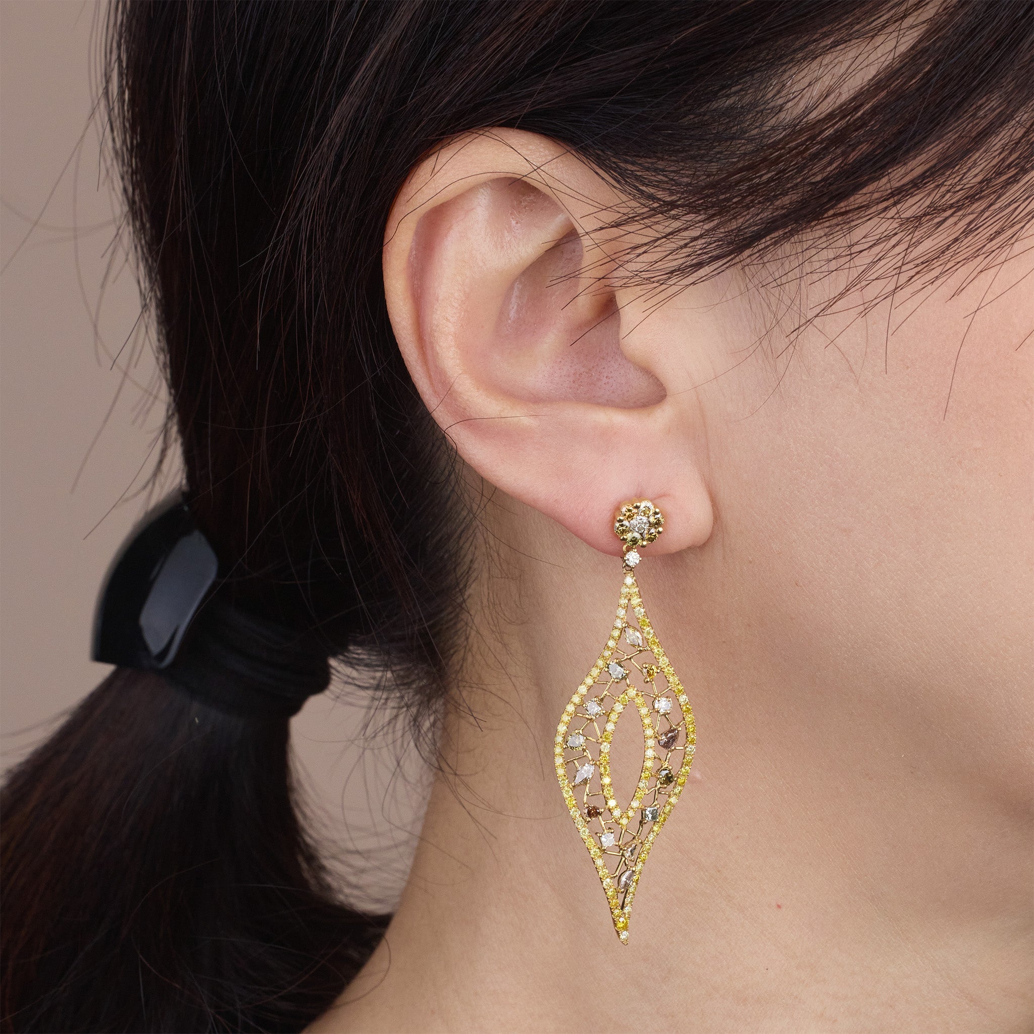 18K Yellow Gold Leaf - shaped Earrings with Fancy &amp; White Diamonds - Jewelry And Store