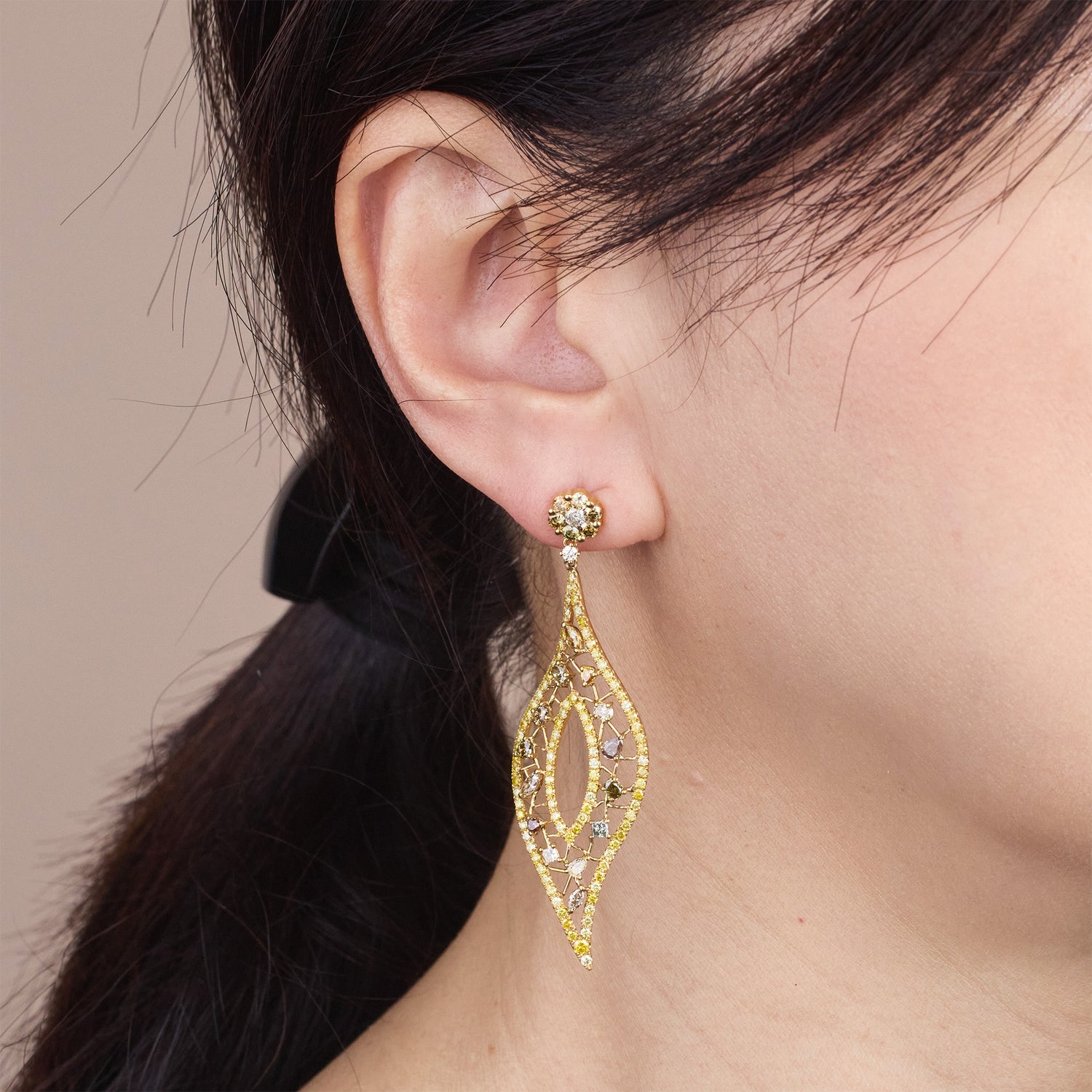 18K Yellow Gold Leaf - shaped Earrings with Fancy &amp; White Diamonds - Jewelry And Store