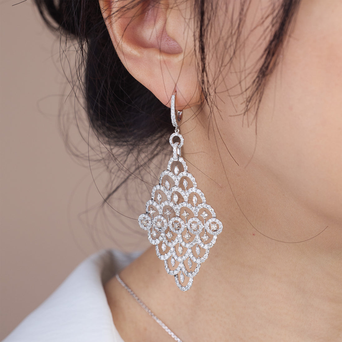 18K Gold Art Deco Diamond Lattice Statement Earrings - Jewelry And Store