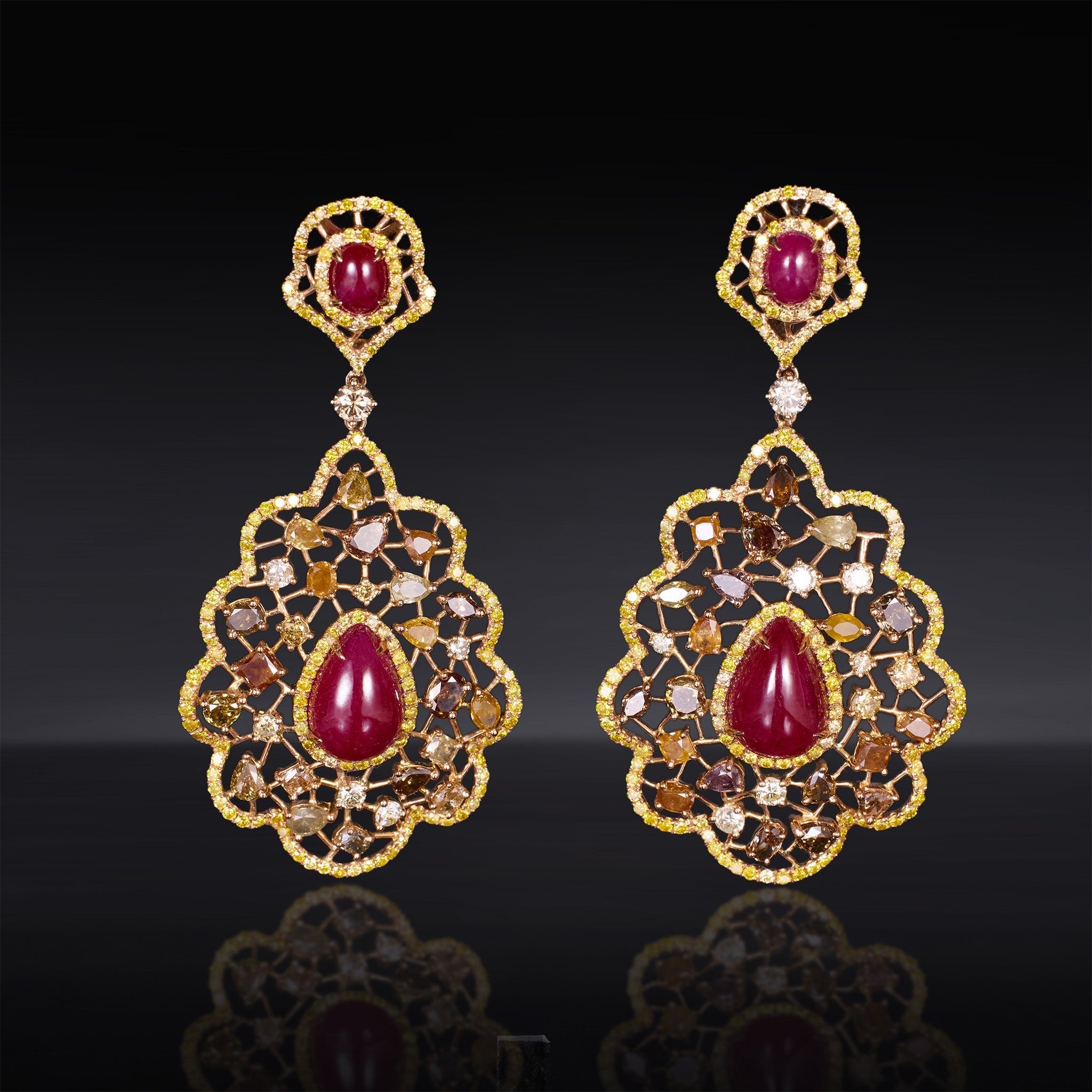 18K Gold Art Deco Earrings with Natural Rubies, Yellow Diamonds &amp; Color Diamonds - Jewelry And Store