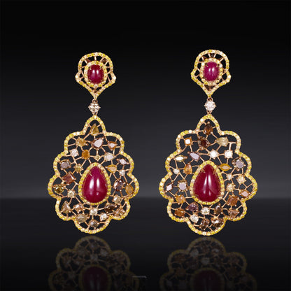 18K Gold Art Deco Earrings with Natural Rubies, Yellow Diamonds &amp; Color Diamonds - Jewelry And Store