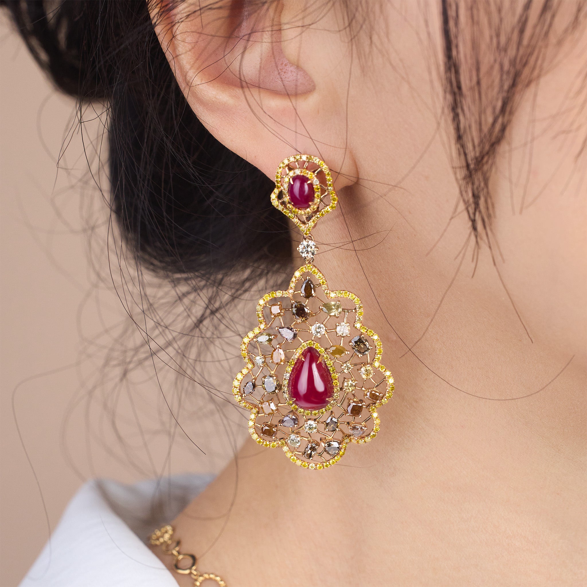 18K Gold Art Deco Earrings with Natural Rubies, Yellow Diamonds &amp; Color Diamonds - Jewelry And Store