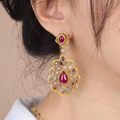18K Gold Art Deco Earrings with Natural Rubies, Yellow Diamonds &amp; Color Diamonds - Jewelry And Store