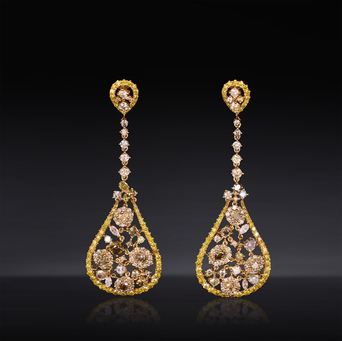 18K Yellow Gold Teardrop Earrings with Fancy &amp; White Diamonds - Jewelry And Store