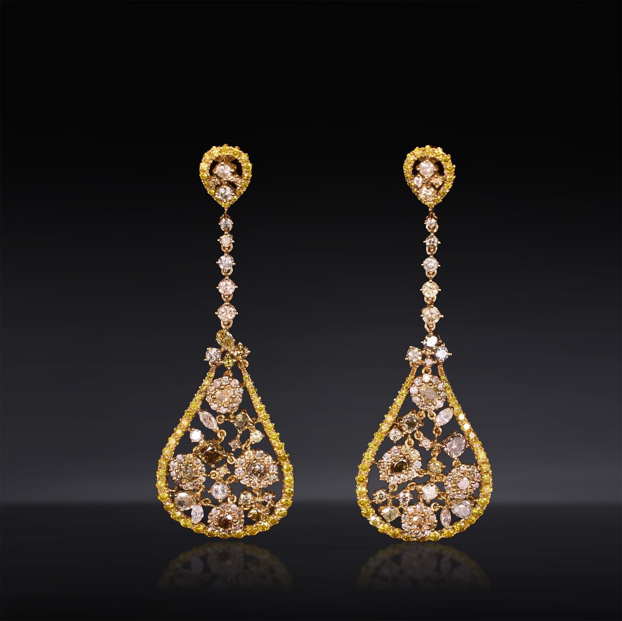 18K Yellow Gold Teardrop Earrings with Fancy &amp; White Diamonds - Jewelry And Store