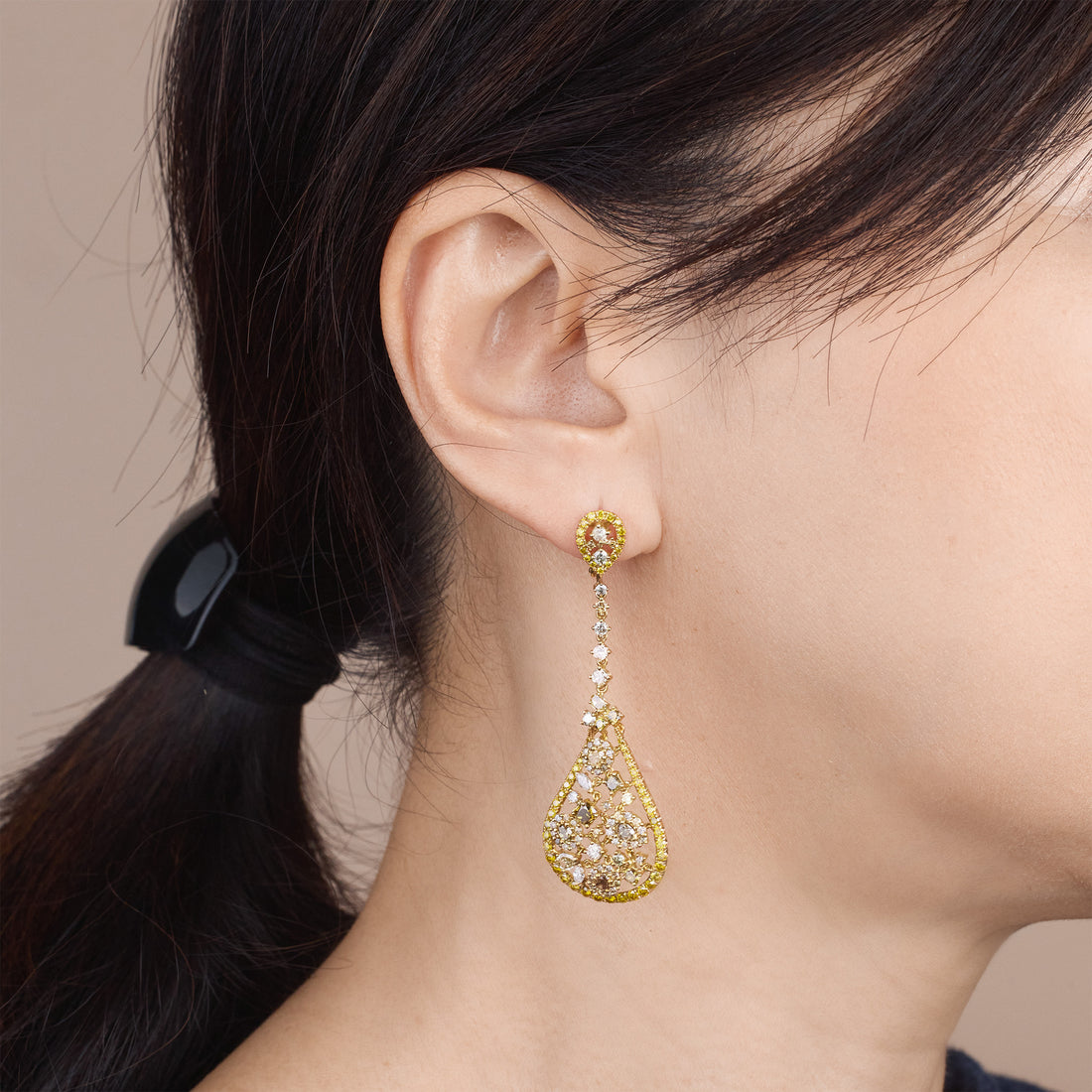 18K Yellow Gold Teardrop Earrings with Fancy &amp; White Diamonds - Jewelry And Store