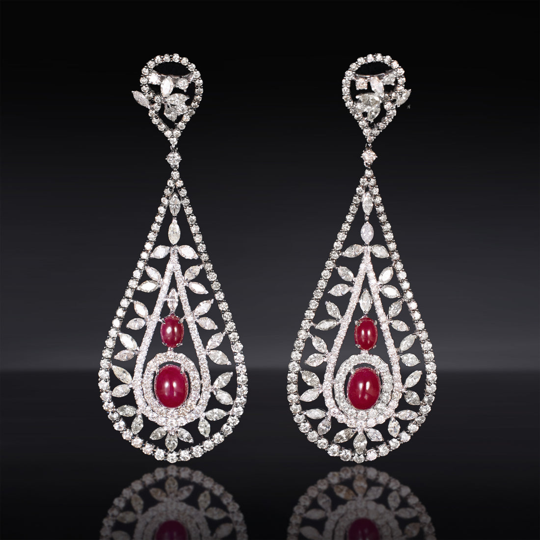 18K Gold Art Deco Drop Earrings with Natural Rubies and Diamonds - Jewelry And Store