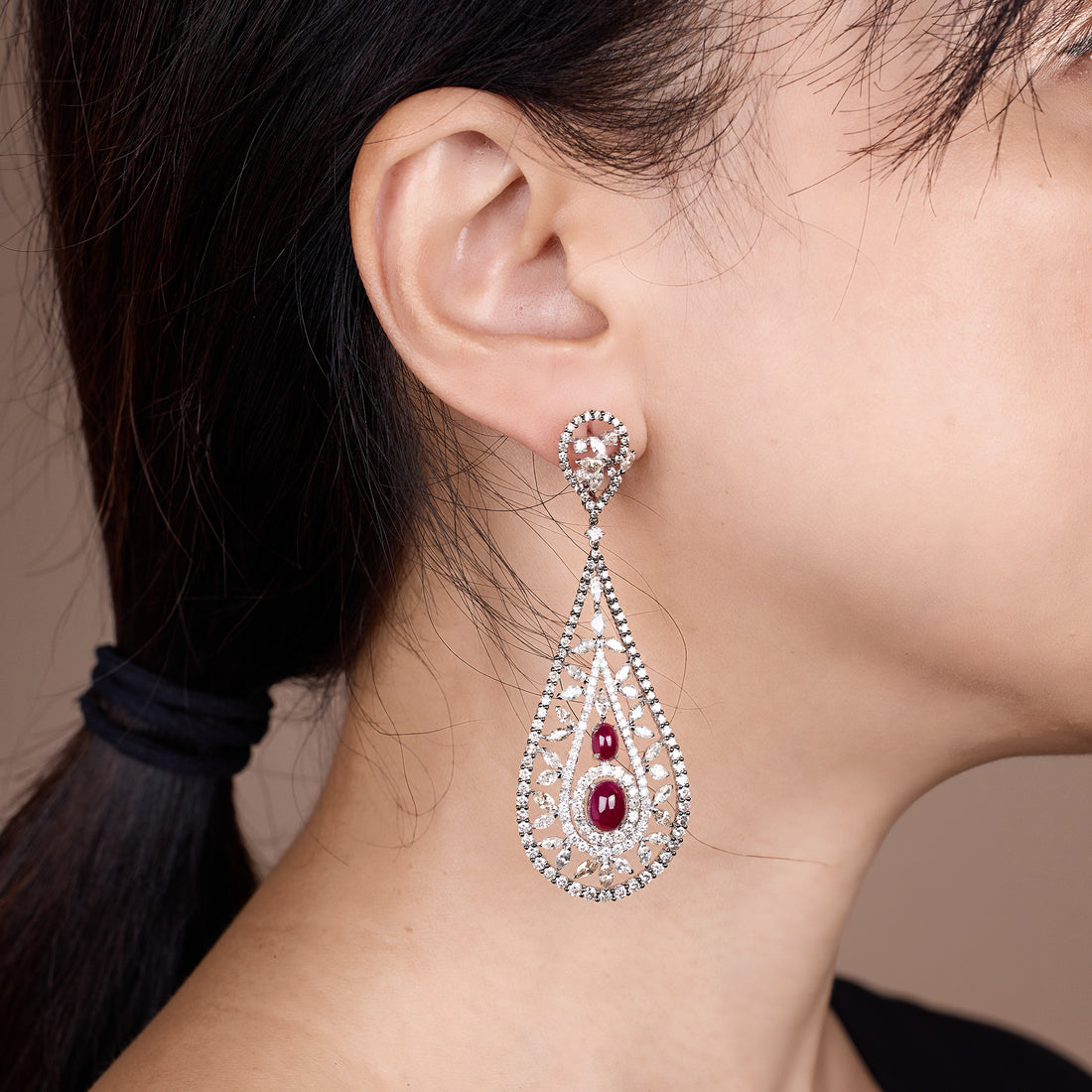 18K Gold Art Deco Drop Earrings with Natural Rubies and Diamonds - Jewelry And Store