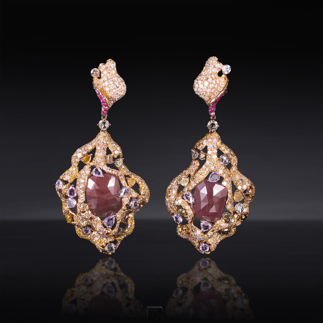 18K Gold Color Sapphire, Diamond & Ruby Evening Party Earrings - Jewelry And Store