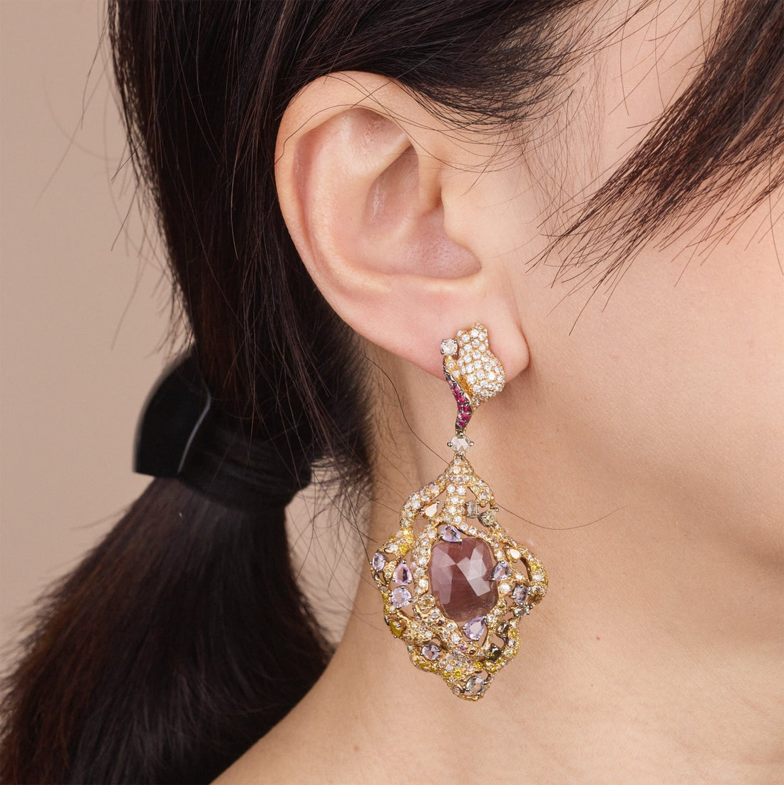 18K Gold Color Sapphire, Diamond & Ruby Evening Party Earrings - Jewelry And Store