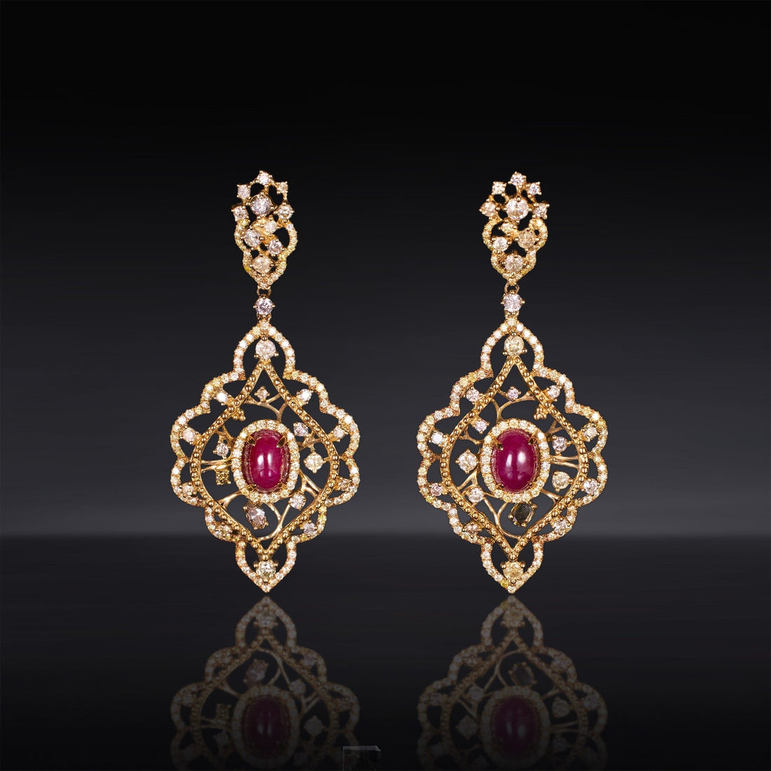 18K Gold Natural Ruby and Diamond Filigree Drop Earrings - Jewelry And Store