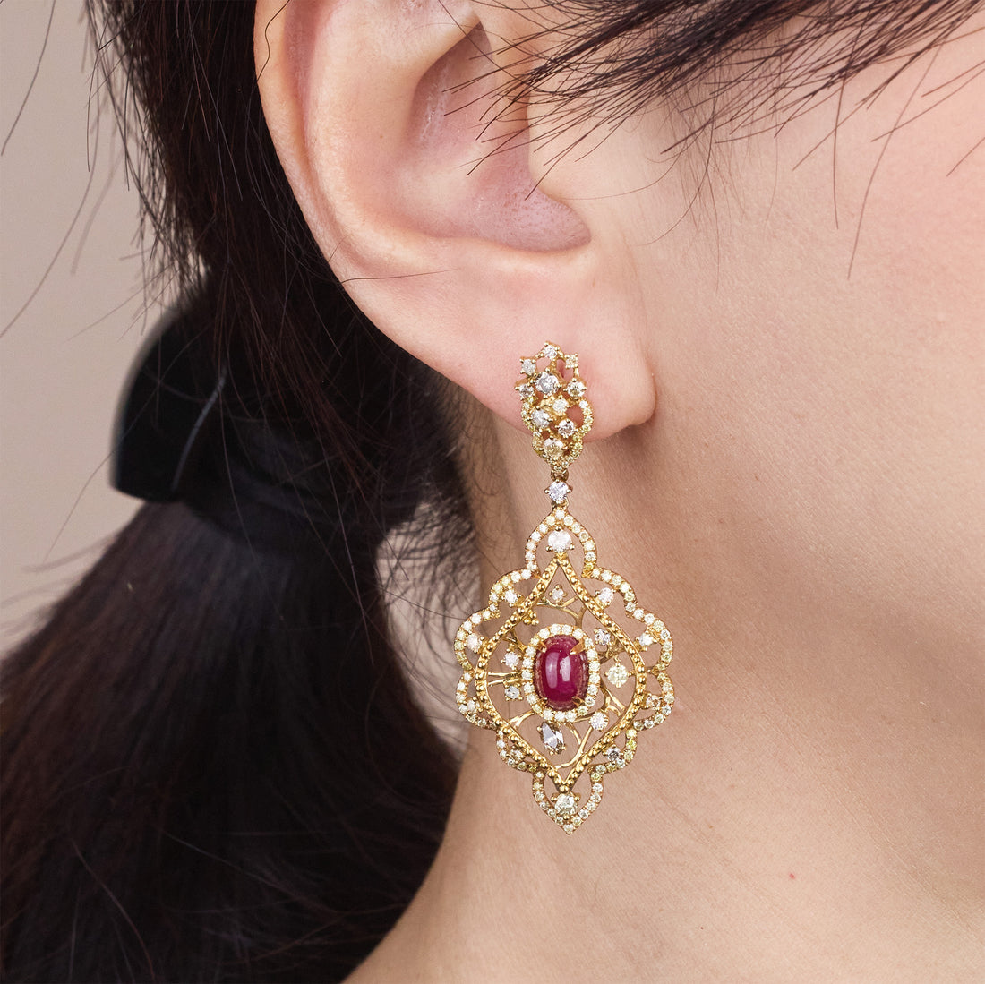 18K Gold Natural Ruby and Diamond Filigree Drop Earrings - Jewelry And Store