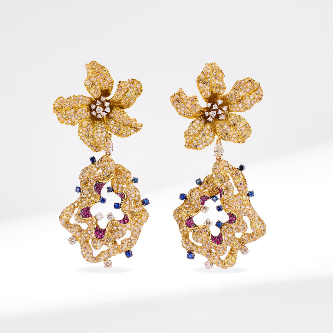 18K Yellow Gold Evening Party Earrings with Color Sapphires, Diamonds &amp; Rubies - Jewelry And Store