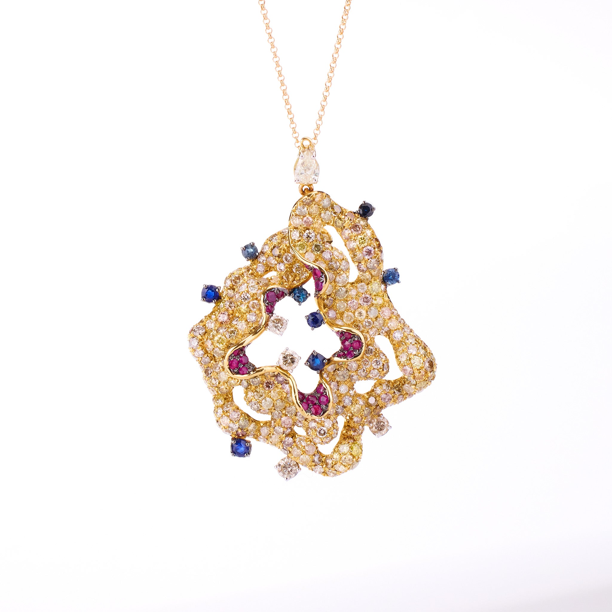 18K Yellow Gold Evening Party Earrings with Color Sapphires, Diamonds &amp; Rubies
