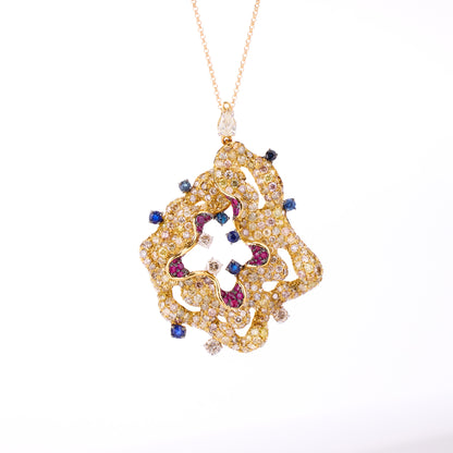 18K Yellow Gold Evening Party Earrings with Color Sapphires, Diamonds &amp; Rubies