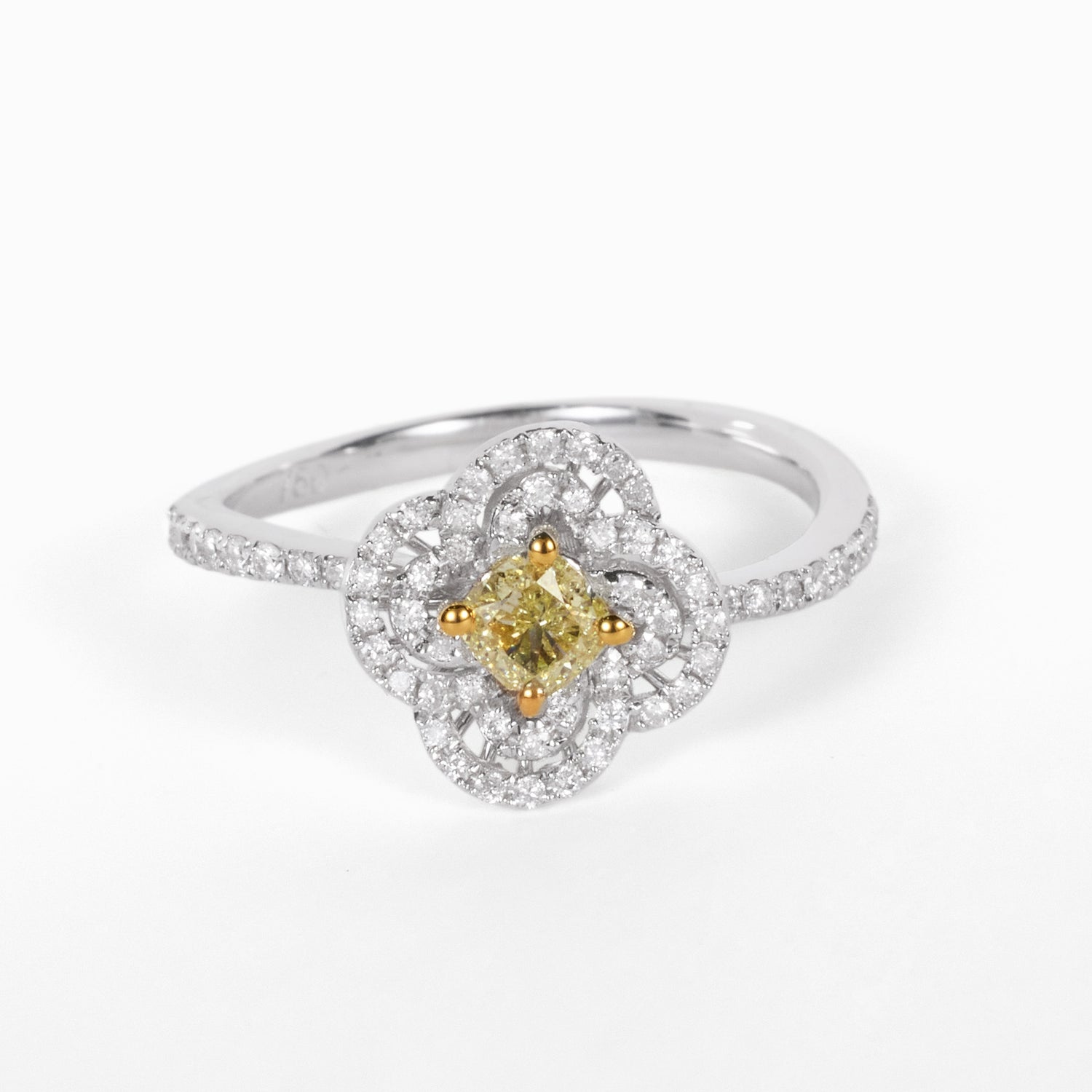 18K Gold Floral Double Halo Ring with 0.35ct.tw. Yellow Diamond Ring - JewelryAndStore