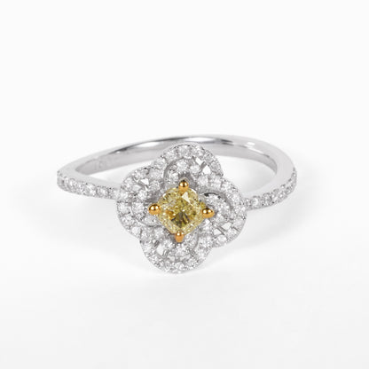 18K Gold Floral Double Halo Ring with 0.35ct.tw. Yellow Diamond Ring - JewelryAndStore