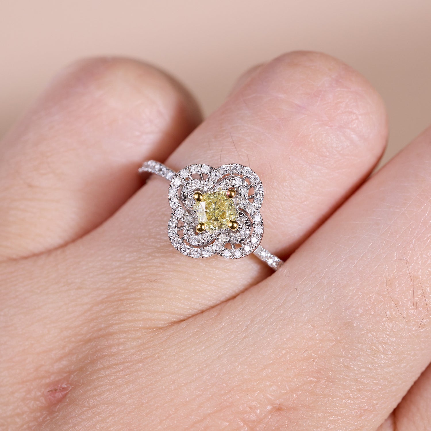 18K Gold Floral Double Halo Ring with 0.35ct.tw. Yellow Diamond Ring - JewelryAndStore