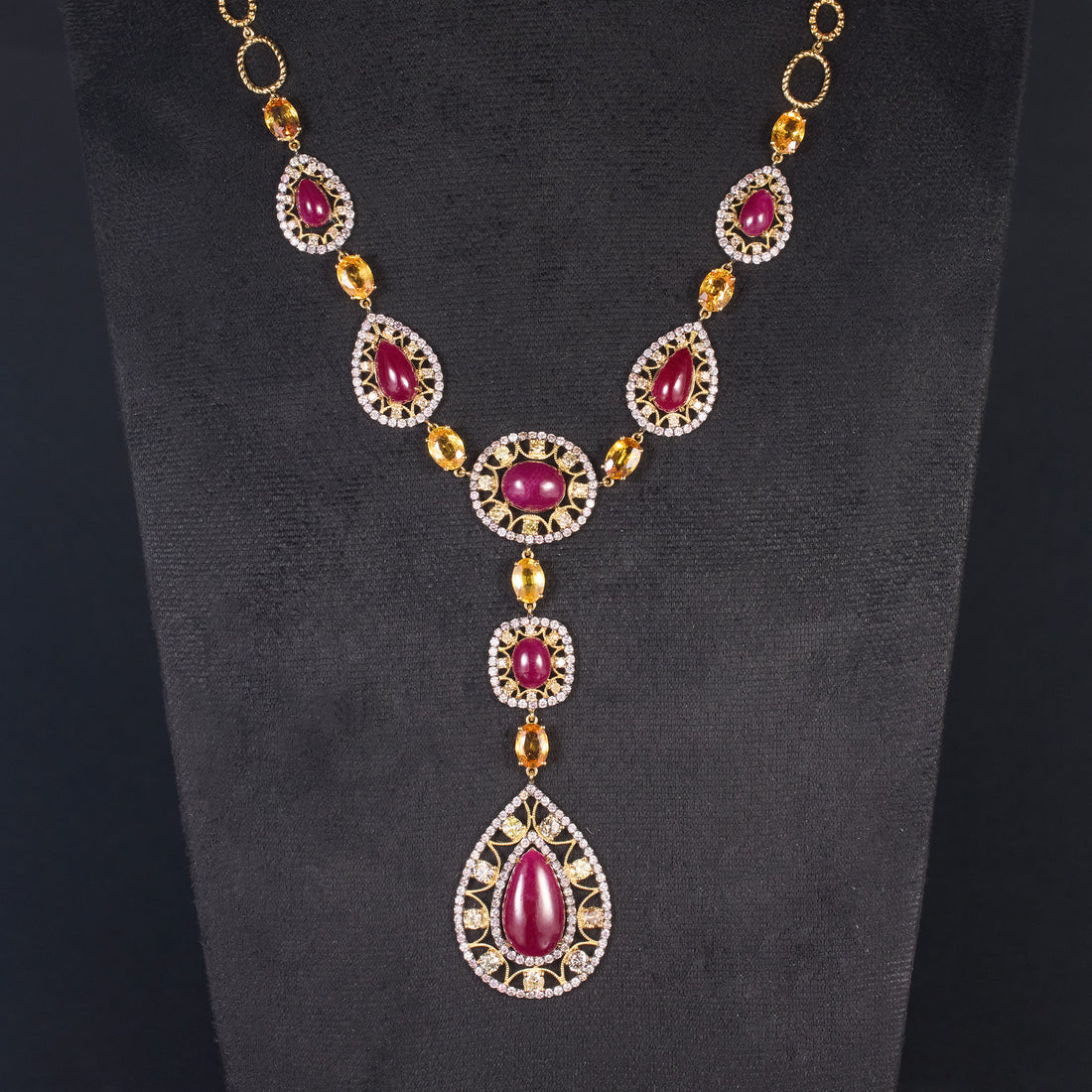 18K Gold Y - Necklace with Natural Oval Rubies, Diamonds and Fancy Sapphires - Jewelry And Store