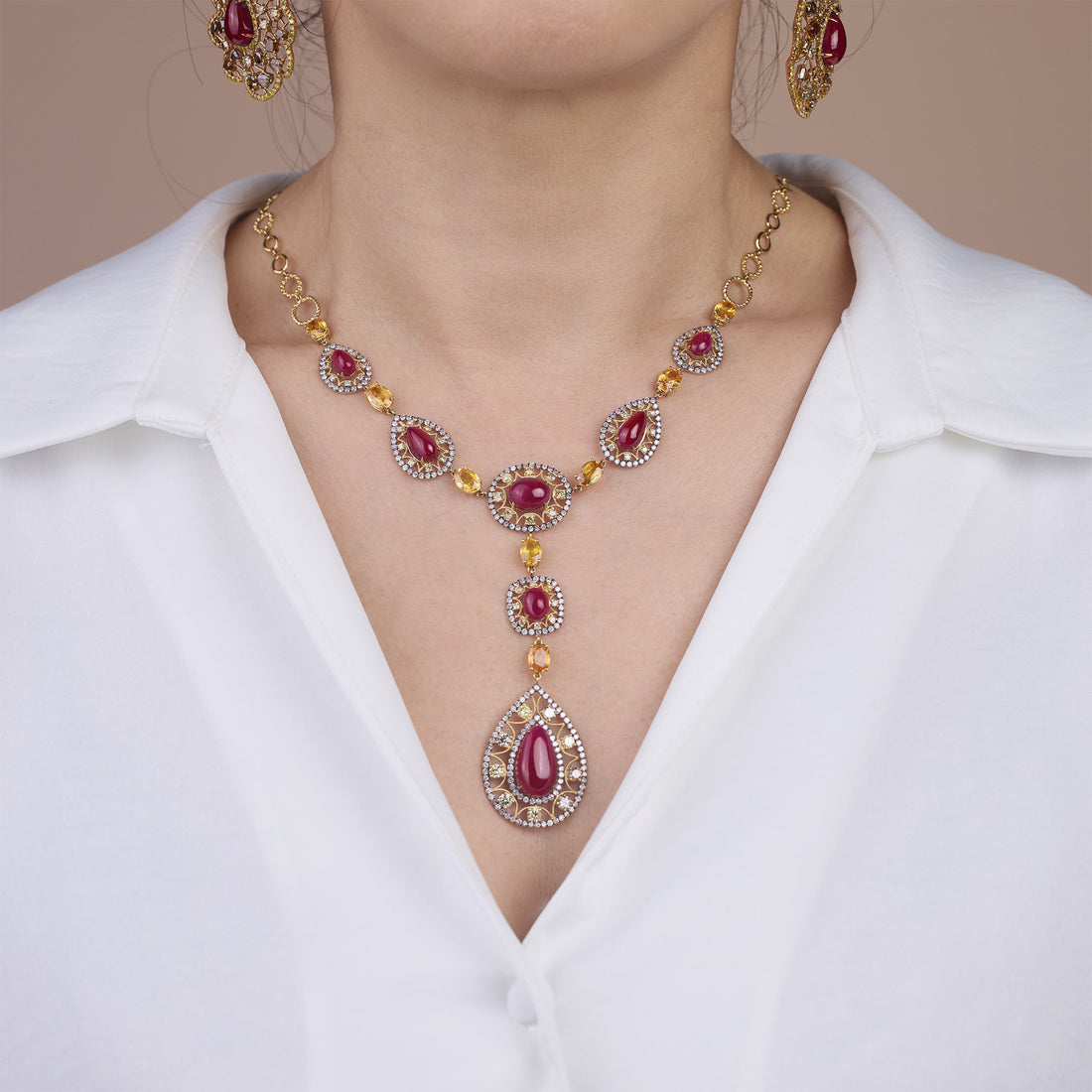 18K Gold Y - Necklace with Natural Oval Rubies, Diamonds and Fancy Sapphires - Jewelry And Store