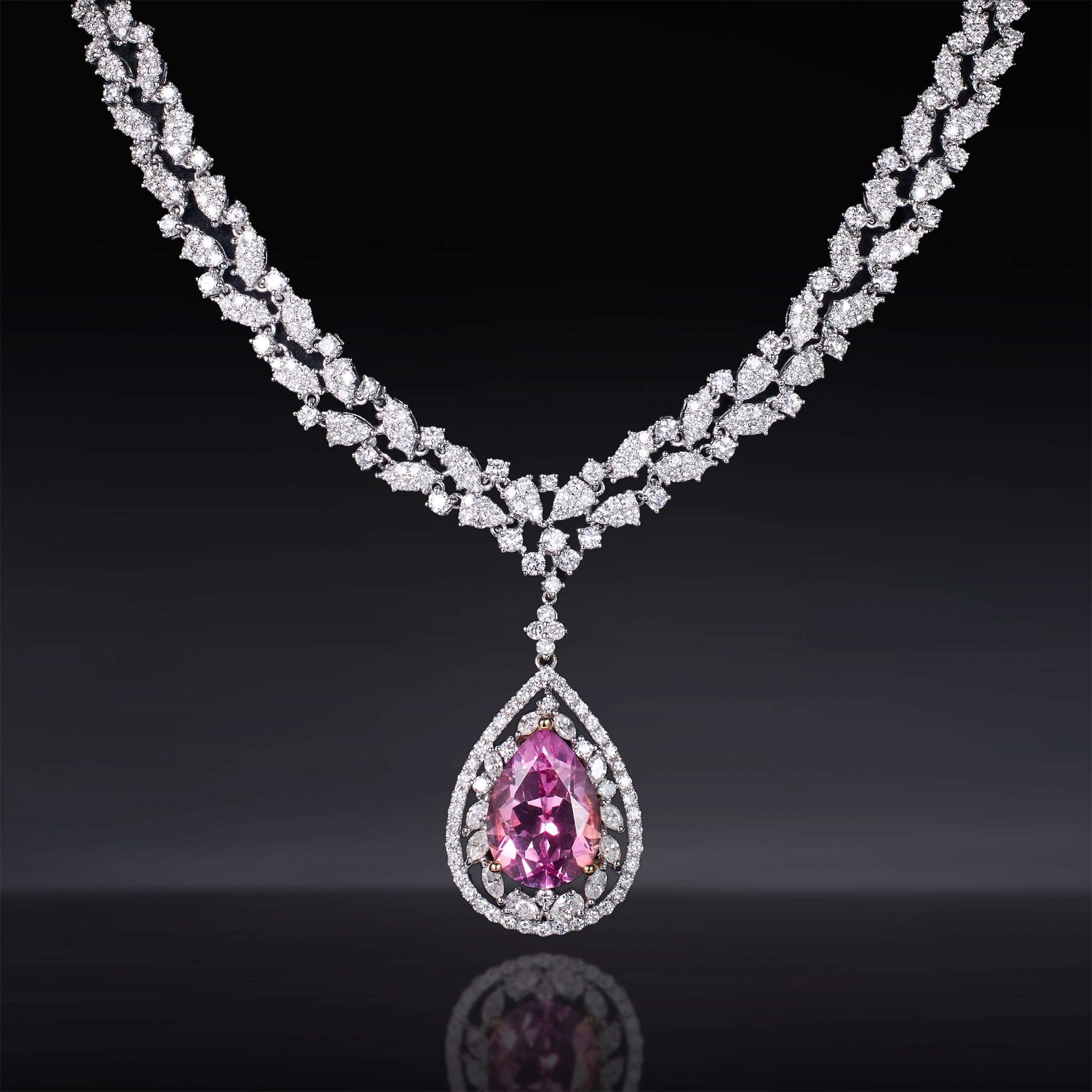 18K Gold Necklace with 14.16ct Natural Pink Topaz &amp; 15.85ct.tw. Diamonds - Jewelry And Store