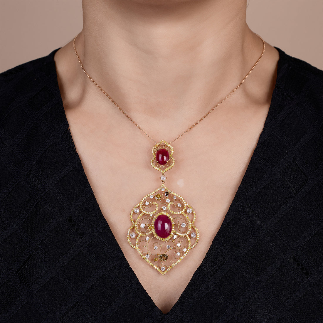 18K Gold Diamond and Ruby Floral Pendant - Jewelry And Store