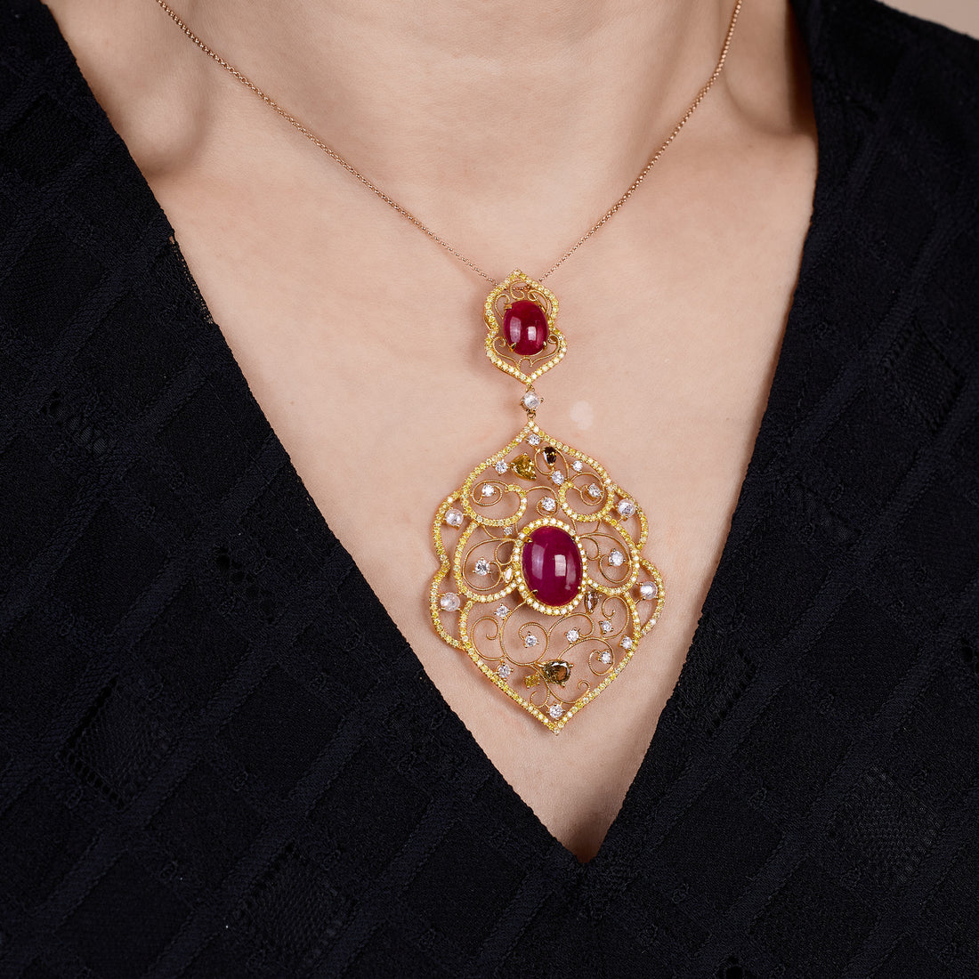 18K Gold Diamond and Ruby Floral Pendant - Jewelry And Store