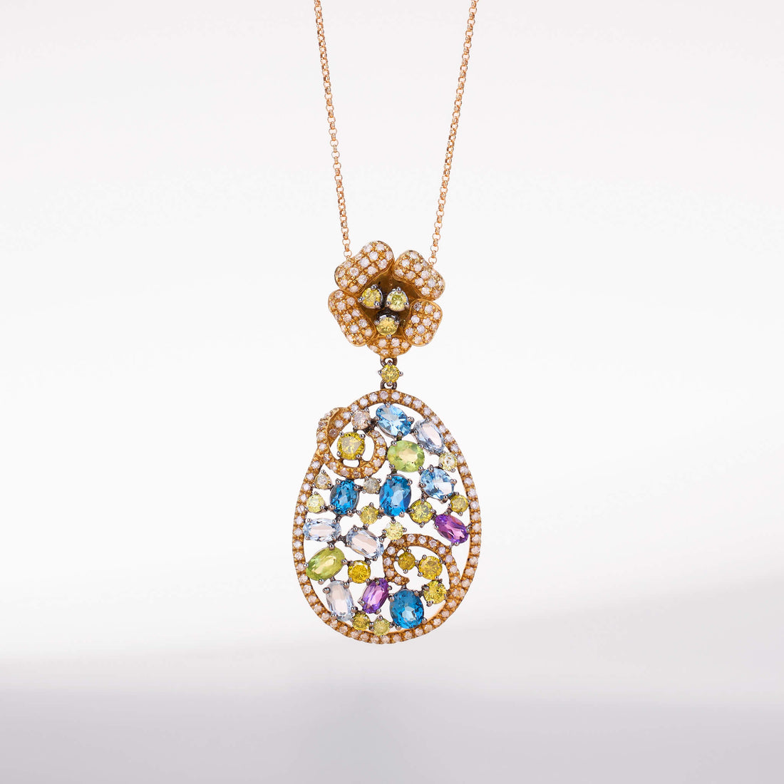 18K Gold Yellow Diamond &amp; Colorstone Flower Pendant - Jewelry And Store