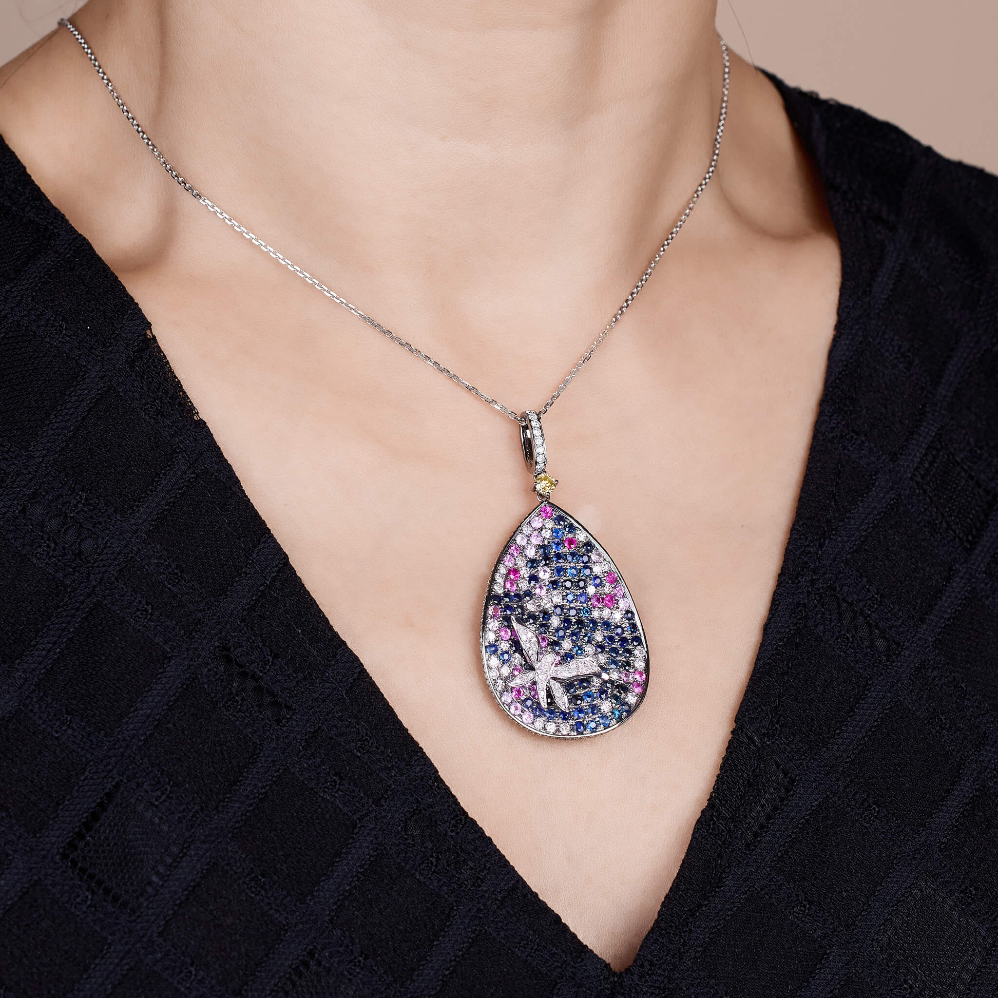 18K Gold Blue Sapphire &amp; Diamond Pendant - Jewelry And Store