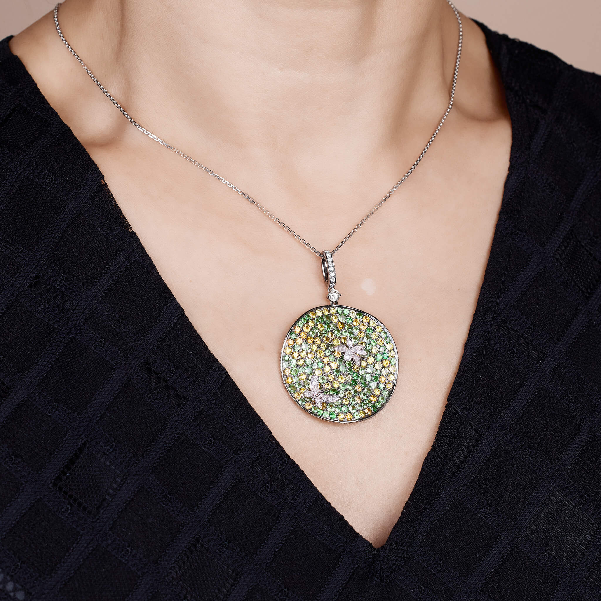 18K Gold Green Sapphire &amp; Diamond Pendant - Jewelry And Store