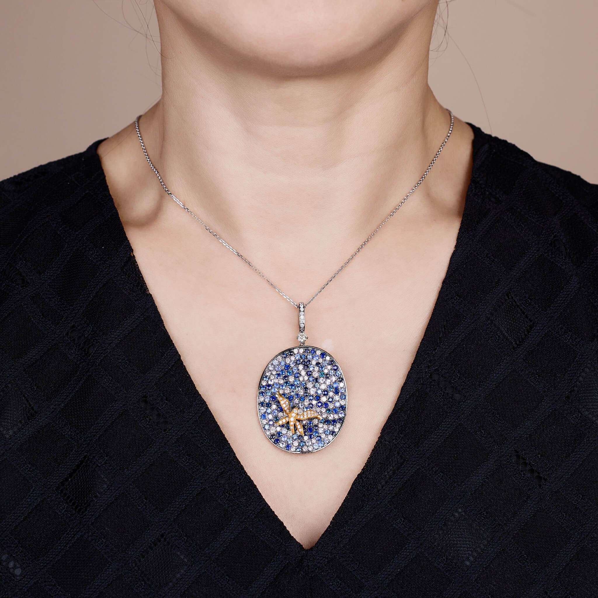 18K Gold Blue Sapphire &amp; Diamond Pendant - Jewelry And Store
