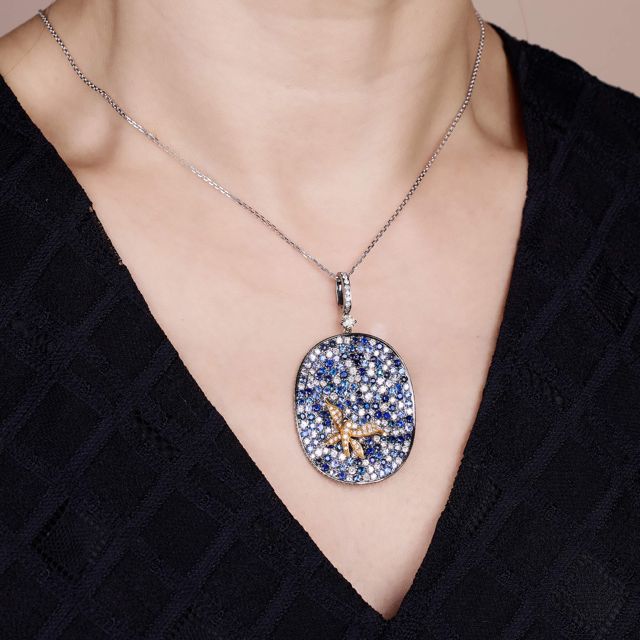 18K Gold Blue Sapphire &amp; Diamond Pendant - Jewelry And Store
