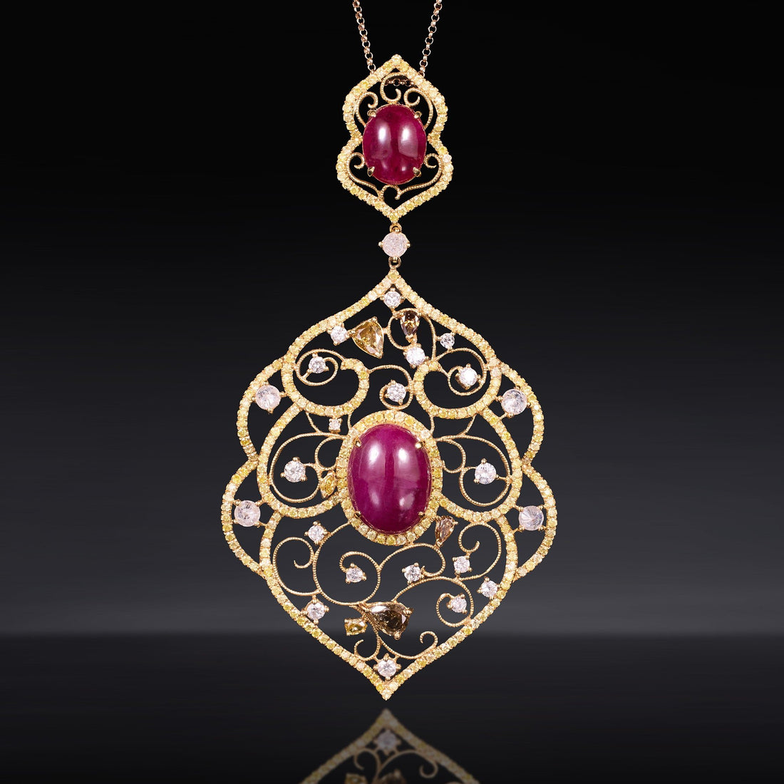 18K Gold Natural Diamond and Ruby Floral Pendant - Jewelry And Store