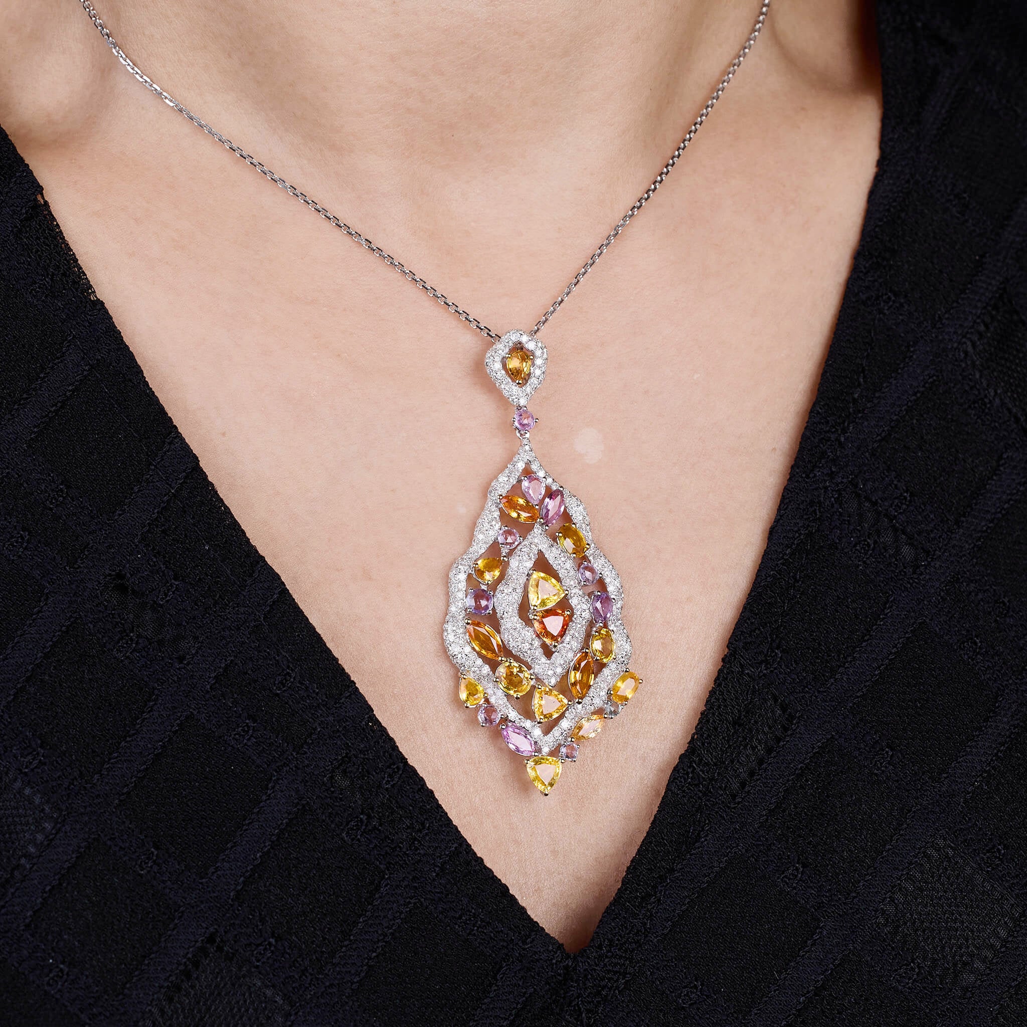18K Gold Color Sapphire &amp; Diamond Pendant - Jewelry And Store