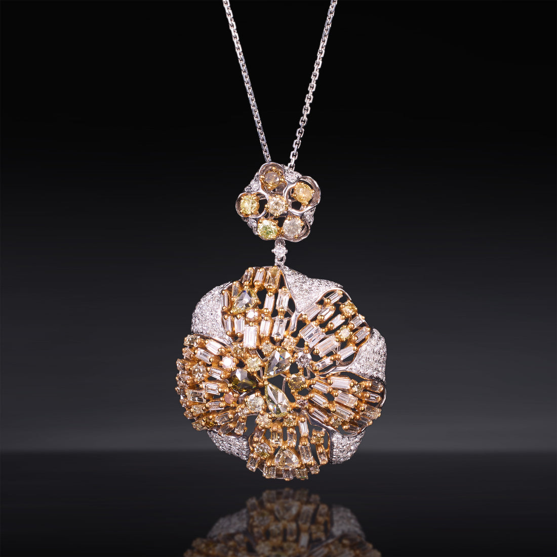 18K White Gold Floral Pendant with Baguette and Color Diamonds - Jewelry And Store