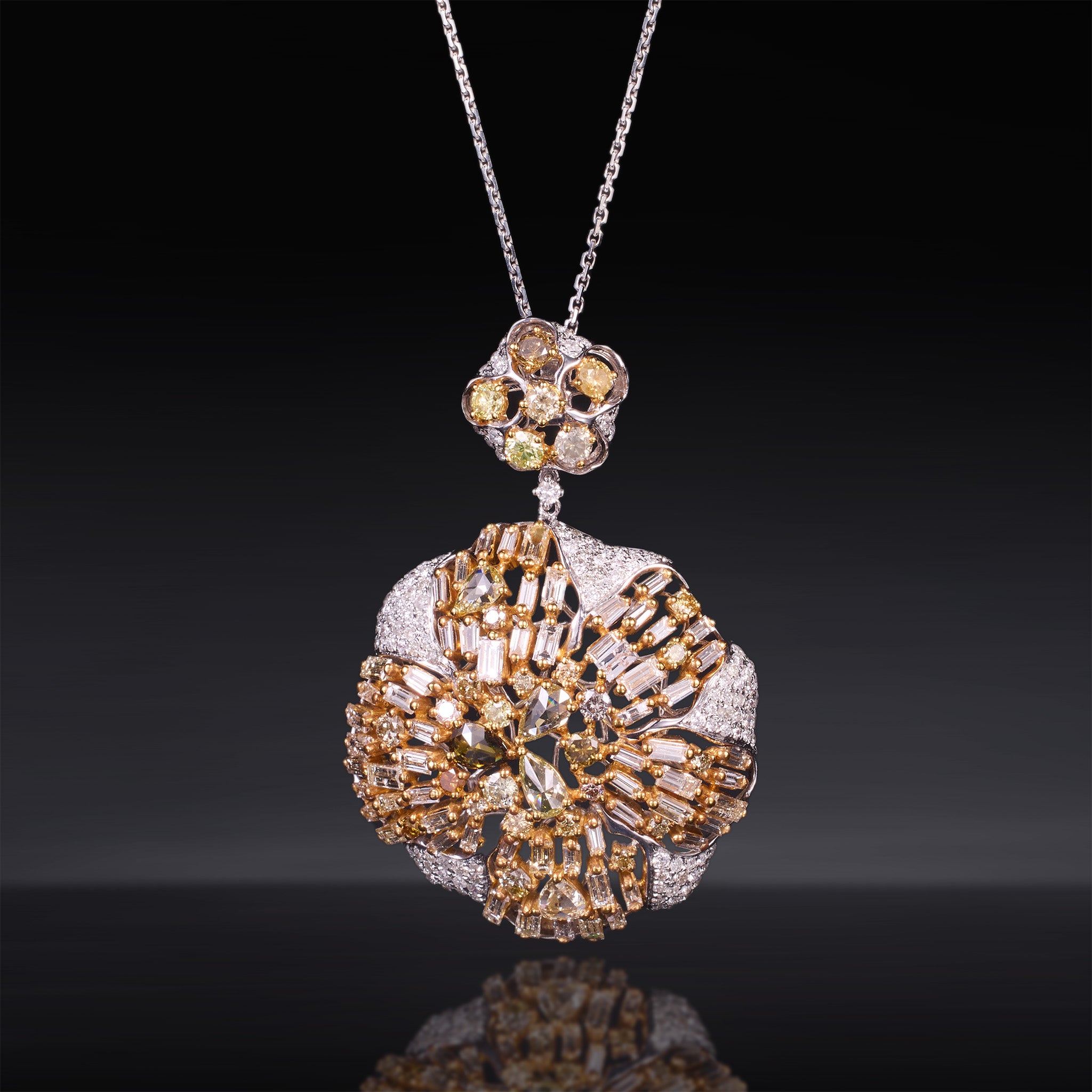 18K White Gold Floral Pendant with Baguette and Color Diamonds - Jewelry And Store