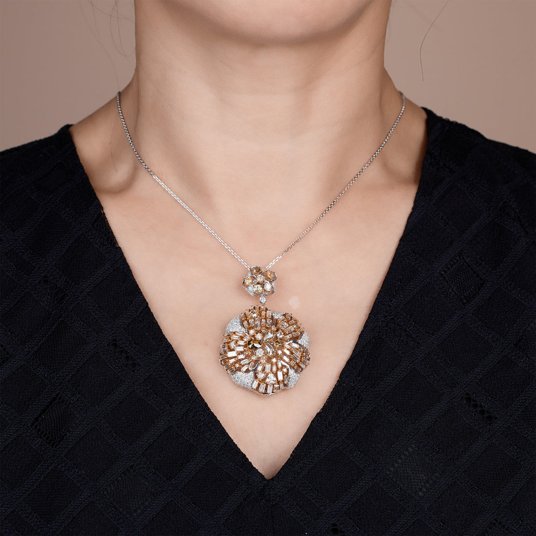 18K White Gold Floral Pendant with Baguette and Color Diamonds - Jewelry And Store