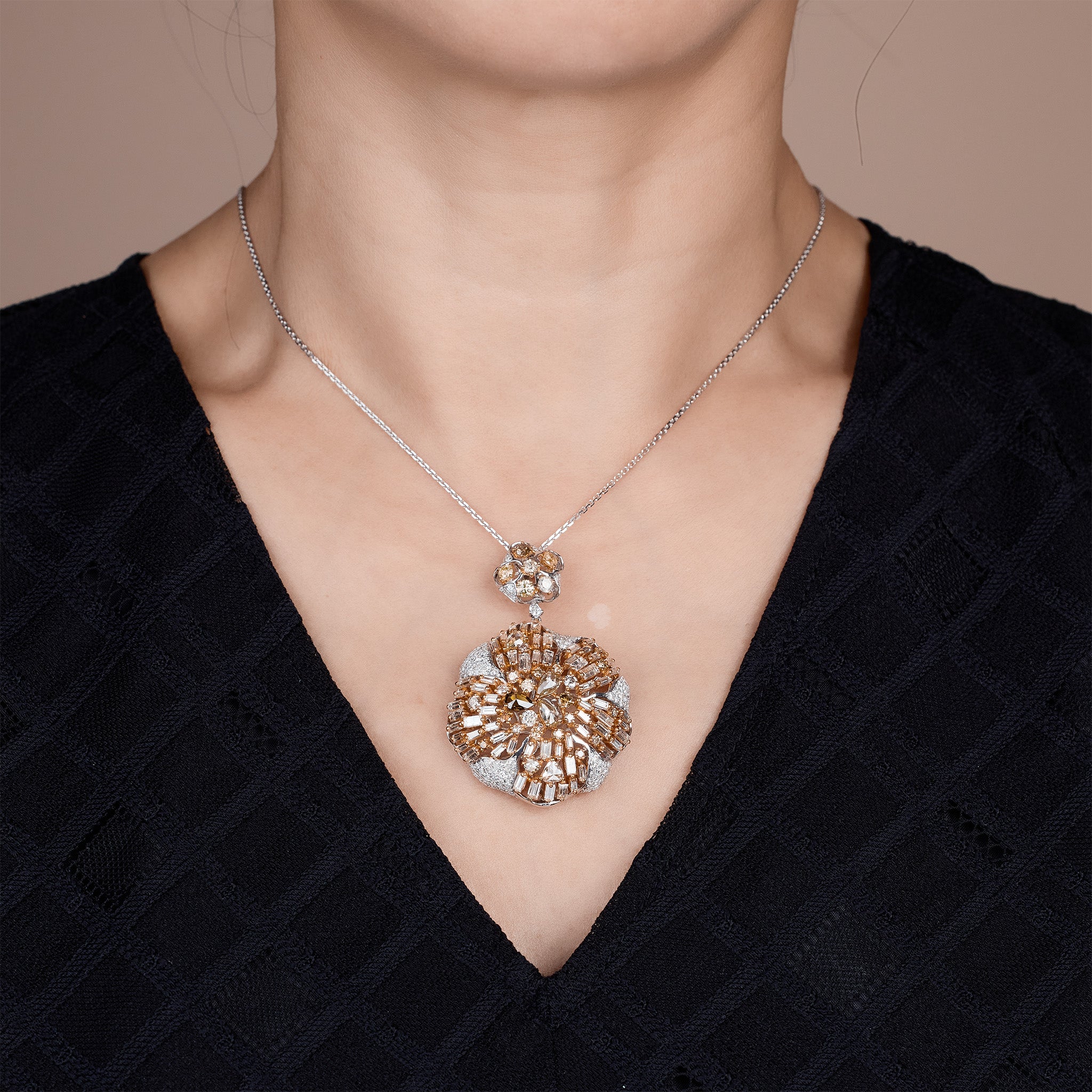 18K White Gold Floral Pendant with Baguette and Color Diamonds - Jewelry And Store