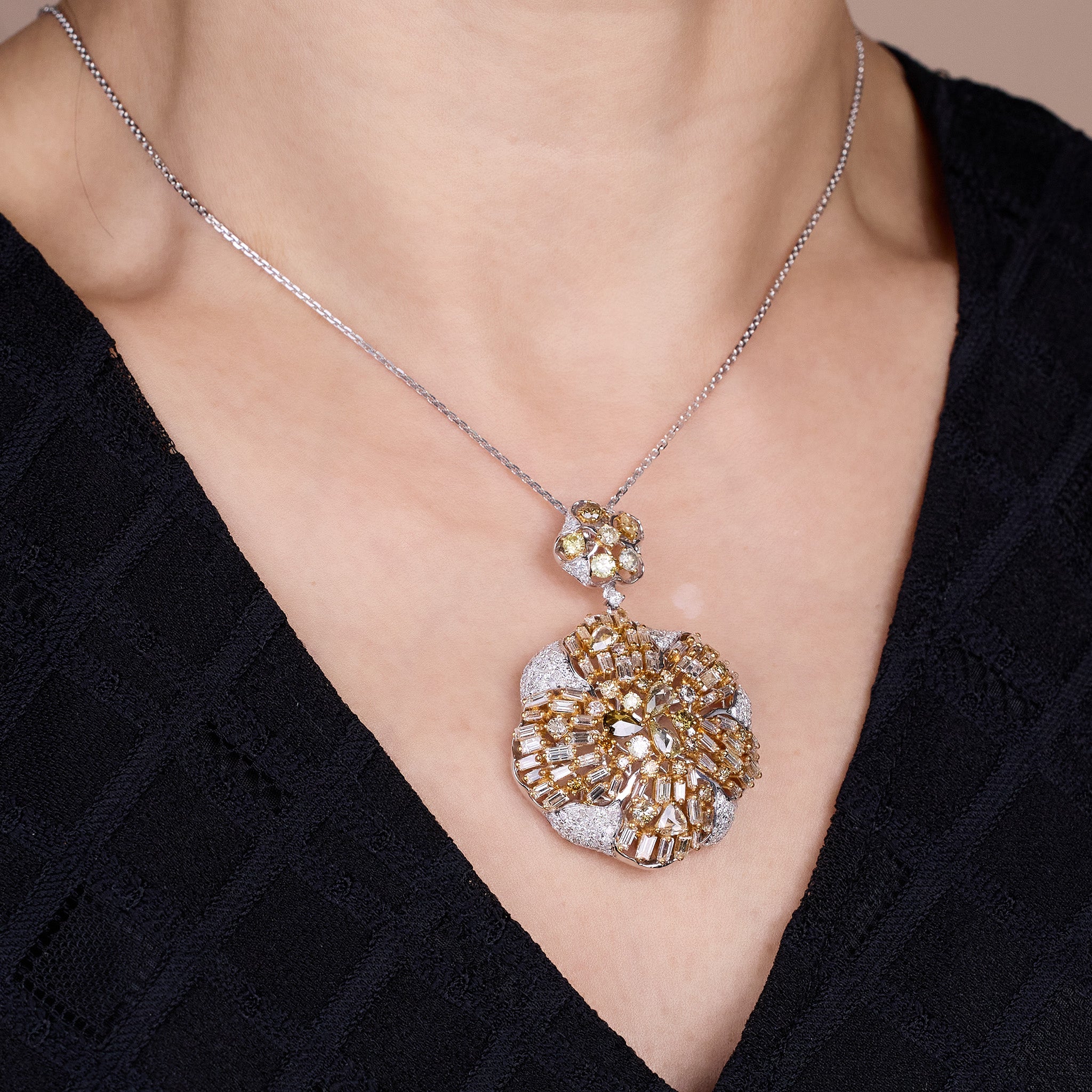 18K White Gold Floral Pendant with Baguette and Color Diamonds - Jewelry And Store