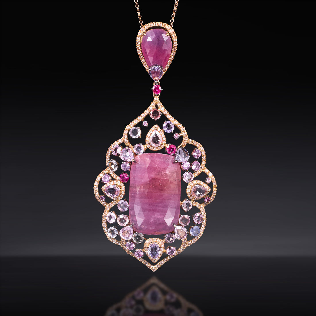 18K Rose Gold Pendant with Pink Slice Sapphire and Color Diamonds - Jewelry And Store