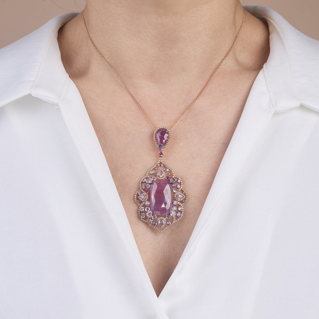 18K Rose Gold Pendant with Pink Slice Sapphire and Color Diamonds - Jewelry And Store
